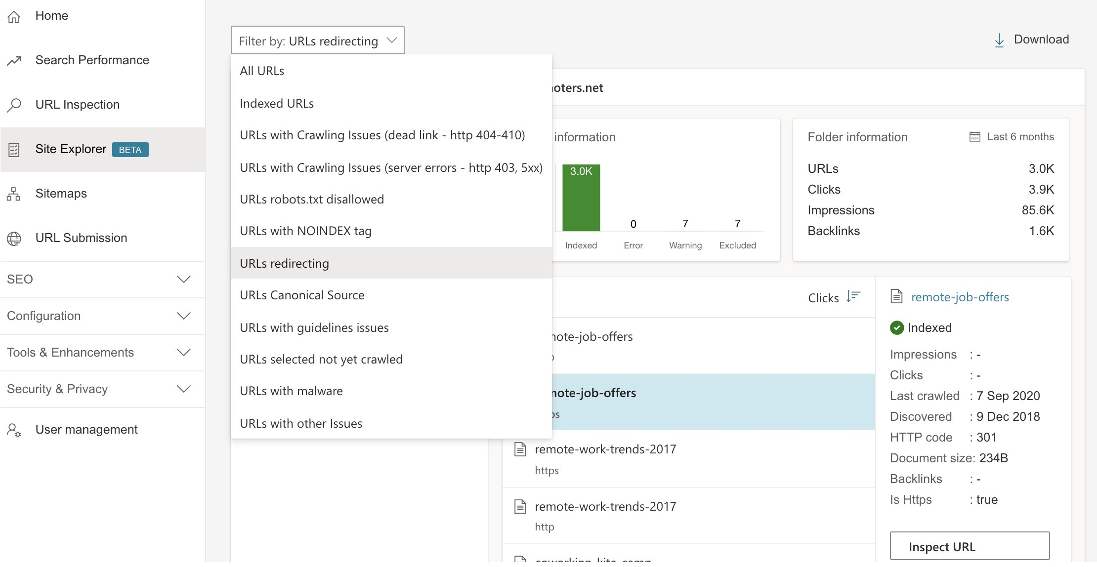 Пример отчета Bing Site Explorer
