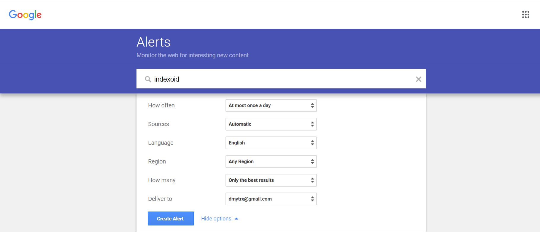 Настройки в сервисе Google Alerts